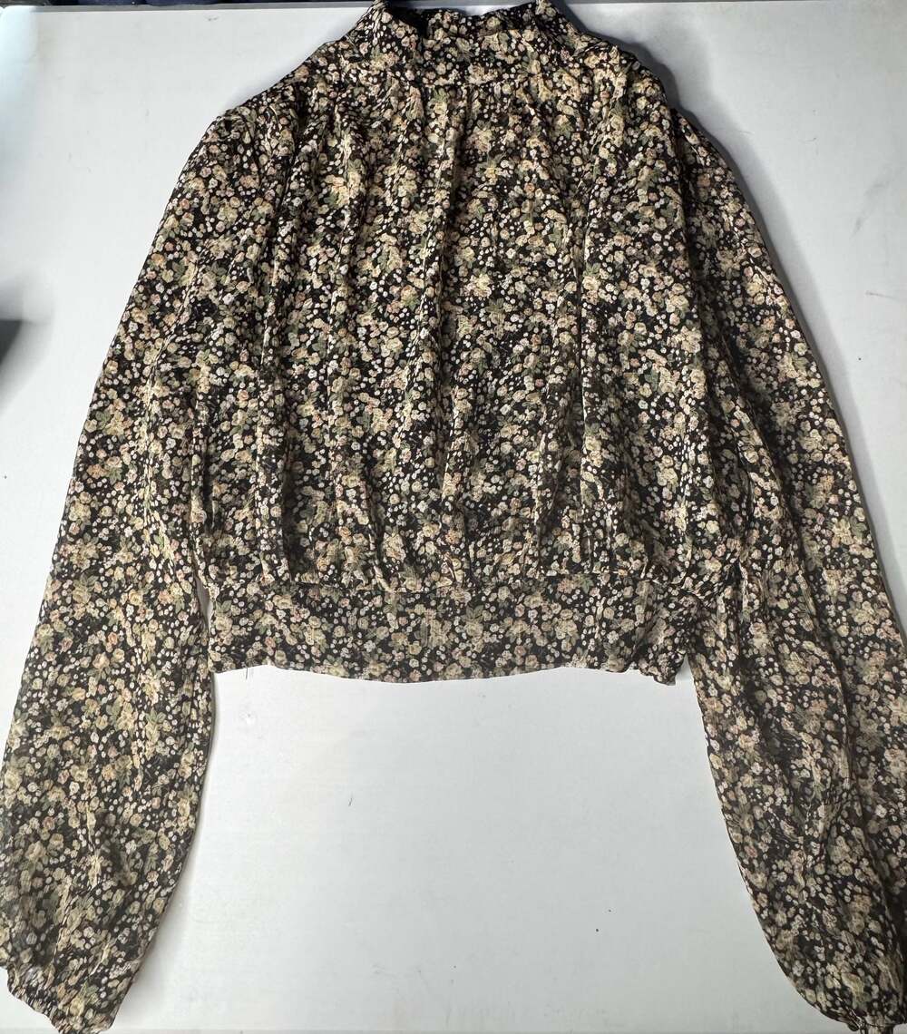 Triple Seven Black Floral Long Sleeve Smocked High Neck Crop Blouse